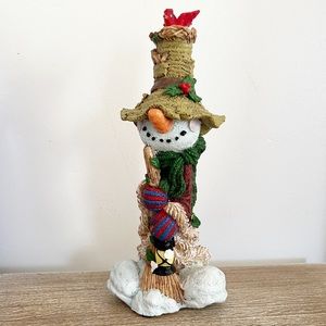 Scarecrow snowman statue with red cardinal on hat, Christmas statue, snowman